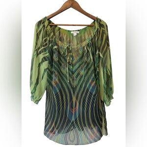 Women’s Peasant Top Peacock Embellished Fairy Grunge Size. 2X Green Puff Sleeve